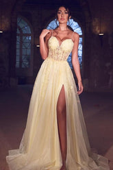 Bmbridal Daffodil Spagetti-Straps Prom Dress Split Long With Appliques